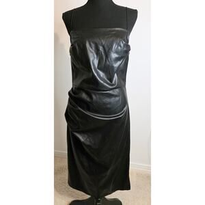 Micas Faux Leather Black Mini Dress Spaghetti Straps Back Slit Size L New w/Tags